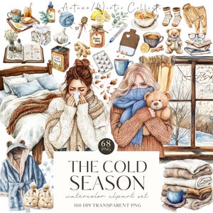 以下が含まれることがあります： 「The Cold Season」と題された水彩画クリップアートセット。風邪薬や居心地の良いアイテムのイラストが特徴です。蜂蜜、お茶、薬、テディベア、スカーフを巻いた女性の画像が含まれています。「Autumn/Winter Collection」の文字が上部にあります。