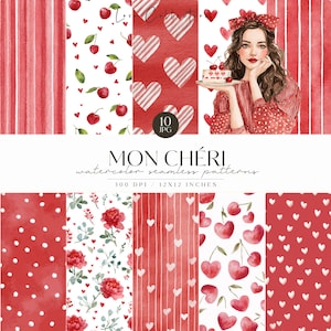 May include: A collection of red and white watercolor seamless patterns with hearts, cherries, stripes, and polka dots. The image includes a woman holding a cake with cherries. The text reads "Mon Chéri" and "12x12 inches".