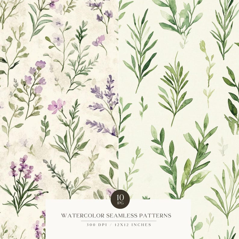 May include: A set of 10 watercolor seamless patterns featuring floral and leafy designs. The patterns are in shades of green, purple, and white on a cream background. The patterns are 12x12 inches and 300 DPI.