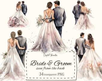 May include: Watercolor illustration of a bride and groom walking away from the viewer. The bride is wearing a white wedding dress with a long train and the groom is wearing a gray suit. The couple is holding hands and looking at each other. The illustration is set against a white background.