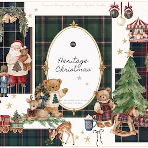 Könnte beinhalten: Eine digitale Sammlung von Aquarell-Weihnachtsillustrationen mit Weihnachtsmann, Teddybären, Nussknacker, Rentier, Zug, Karussell, Weihnachtsbaum und Schmuck, zentriert um einen ovalen Rahmen mit dem Text Heritage Christmas.