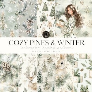 Patrones de invierno, patrones sin costuras de pinos, JPG navideño neutro, patrón repetido, álbum de recortes, reno, árbol de Navidad, verde, digital