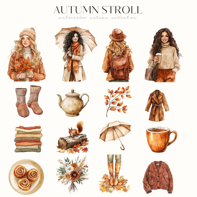 May include: Watercolor illustration of an autumn theme. The image features women in fall attire, a teapot, a squirrel, a stack of sweaters, cinnamon rolls, and other fall-themed items. The text "AUTUMN STROLL" is at the top.