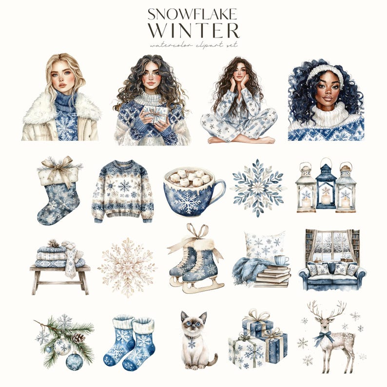 May include: A watercolor clipart set featuring winter-themed illustrations, including women in winter clothing, a cozy living room scene, a cat, a reindeer, a snowflake, a cup of hot chocolate, a pair of ice skates, a stocking, a sweater, and a gift box.