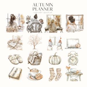 Pu&ograve; includere: Un set di illustrazioni ad acquerello con temi autunnali, tra cui una donna seduta vicino a una finestra, una zucca, una tazza di caff&egrave;, un quaderno, un albero, un cesto, un orologio e un laptop. Le illustrazioni sono in una tavolozza di colori caldi e terrosi e sono perfette per aggiungere un tocco autunnale al tuo planner o diario.