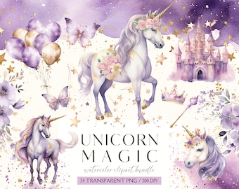 Watercolor Unicorn Clipart, Watercolor Nursery Clipart, Magic Unicorn, Unicorn Rainbow, Unicorn Party, Instant Download, Commercial License