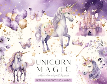 Watercolor Unicorn Clipart, Watercolor Nursery Clipart, Magic Unicorn, Unicorn Rainbow, Unicorn Party, Instant Download, Commercial License