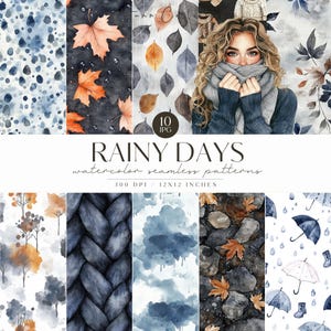 May include: A collection of ten watercolor seamless patterns with a rainy day theme. The patterns include images of leaves, rain, and knitted textures. The text "RAINY DAYS watercolor seamless patterns" is displayed, along with the dimensions of 12x12 inches.