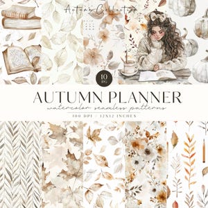 Modelli senza cuciture neutri autunnali accoglienti dell'acquerello, Beige Autunno JPG, Modello ripetuto, Scrapbooking, Foglie, Zucca, Plaid, Licenza commerciale
