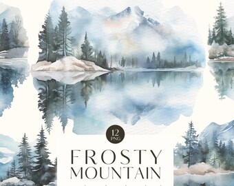 Acuarela Invierno Montaña Clipart-Montaña Clipart PNG-Montaña Tranquila-Paisaje de Invierno-Arte de Montaña Azul-Uso Comercial-Scrapbooking