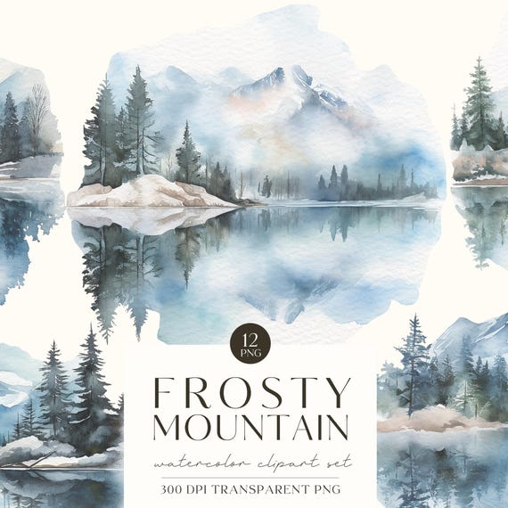 Watercolor Winter Mountain Clipart-Mountain Clipart PNG-Peaceful Mountain-Winter Landscape-Bluey Mountain Art-Commercial Use-Scrapbooking