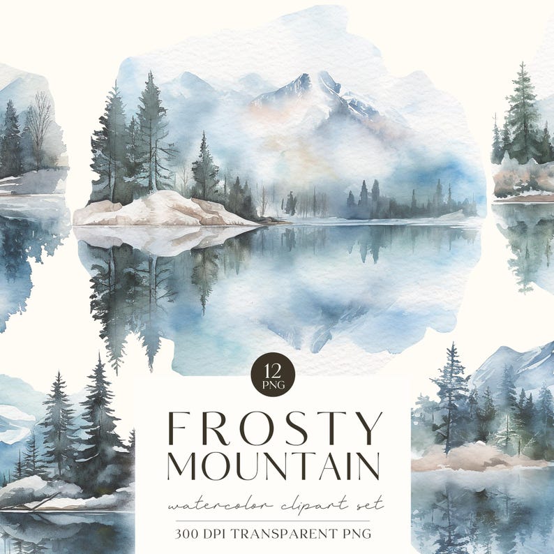 Watercolor Winter Mountain Clipart-Mountain Clipart PNG-Peaceful Mountain-Winter Landscape-Bluey Mountain Art-Commercial Use-Scrapbooking image 1