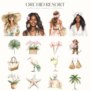 May include: Watercolor illustrations of a tropical resort theme.  The illustrations include a woman wearing a white sun hat and sunglasses, a woman wearing a pink dress, a woman wearing a white robe, a monkey holding pink flowers, a palm tree, a starfish, a white bird, a glass of green liquid with a straw, a wicker bag, a potted orchid plant, a bottle of perfume, and a pair of earrings.