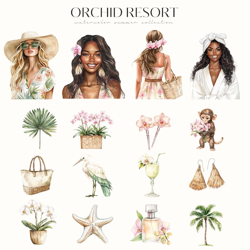 May include: Watercolor illustrations of a tropical resort theme.  The illustrations include a woman wearing a white sun hat and sunglasses, a woman wearing a pink dress, a woman wearing a white robe, a monkey holding pink flowers, a palm tree, a starfish, a white bird, a glass of green liquid with a straw, a wicker bag, a potted orchid plant, a bottle of perfume, and a pair of earrings.