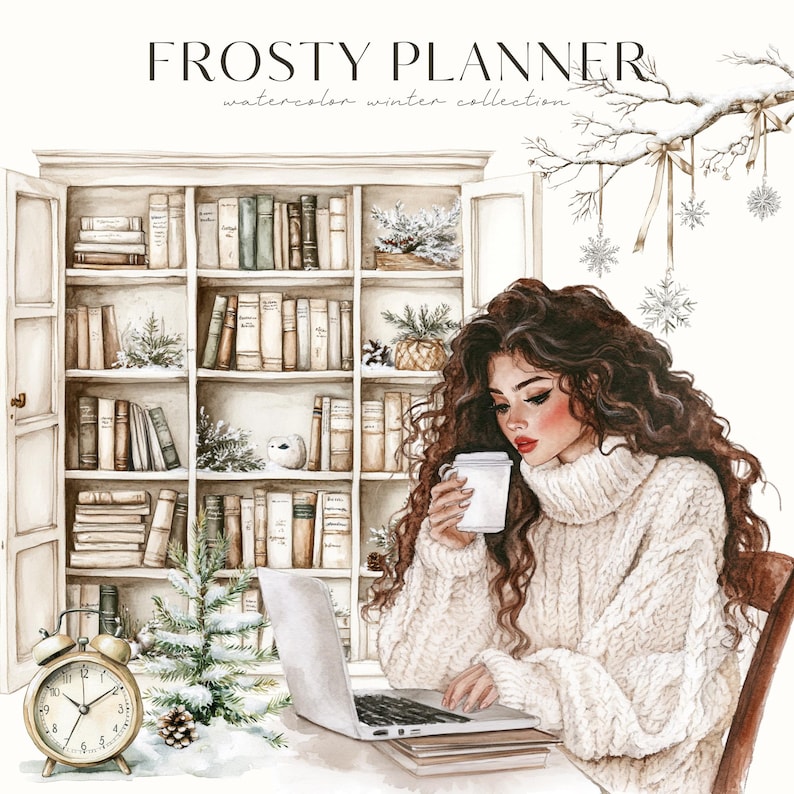 K&ouml;nnte beinhalten: Eine Aquarell-Illustration einer Frau, die an einem Schreibtisch mit einem Laptop, einer Tasse Kaffee und einem B&uuml;cherregal hinter ihr sitzt. Die Frau hat langes braunes Haar und tr&auml;gt einen wei&szlig;en Pullover. Die Illustration spielt in einer gem&uuml;tlichen Winterszene mit einem kleinen Kiefernbaum und einem alten Wecker.