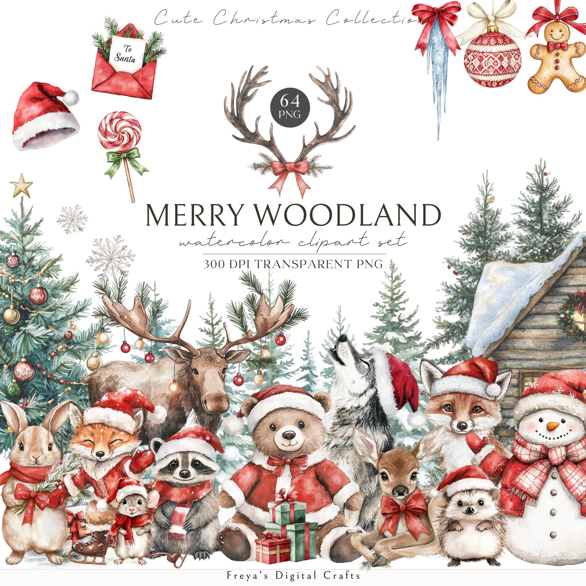 Watercolor Christmas Woodland Animals Clipart, Cute Xmas Animals PNG ...