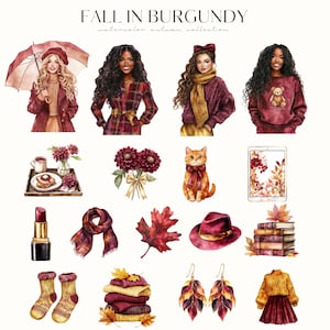 May include: A watercolour illustration titled "Fall in Burgundy" featuring women, autumn accessories, and clothing. Includes a red umbrella, a cat with a bow, a stack of books, and a lipstick. The colour palette is dominated by burgundy, gold, and brown.