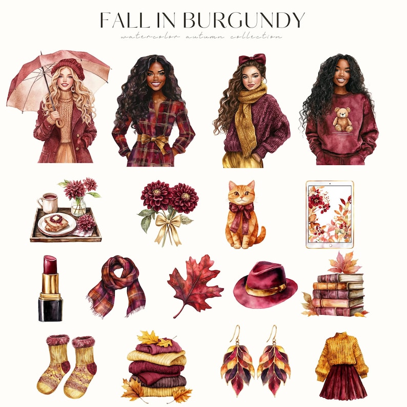May include: A watercolour illustration titled "Fall in Burgundy" featuring women, autumn accessories, and clothing. Includes a red umbrella, a cat with a bow, a stack of books, and a lipstick. The colour palette is dominated by burgundy, gold, and brown.