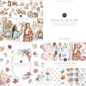 Op de afbeelding: Een digitale kunstcollectie genaamd "Château Autumn" met aquarel illustraties. De afbeelding bevat clipart, naadloze patronen en bloemstukken. De collectie toont een verscheidenheid aan herfstthema-elementen, waaronder illustraties van mensen, bloemen en patronen.