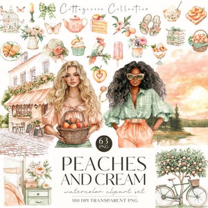 Clipart de acuarela de verano con rubor melocotón, estilo cottagecore, floral, peonía, verano, diario basura, pegatinas digitales, scrapbooking, uso comercial