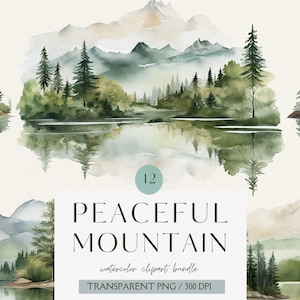 Clipart Montagne Acquerello-Clipart Foresta-Montagna Tranquilla-Paesaggio Forestale-Bosco-Uso Commerciale-PNG-Download Istantaneo-Scrapbooking