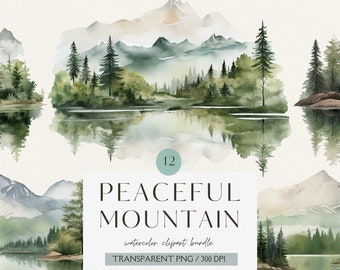 Imágenes prediseñadas de montañas en acuarela, imágenes prediseñadas de bosques, montañas tranquilas, paisajes forestales, bosques, uso comercial, PNG, descarga instantánea, álbumes de recortes