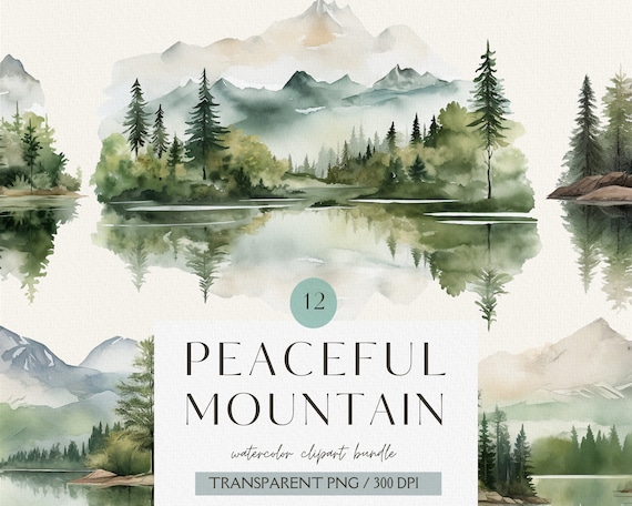 Watercolor Mountains Clipart-Forest Clipart-Peaceful Mountain-Forest Landscape-Woodland-Commercial Use-PNG-Instant Download-Scrapbooking