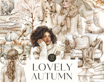 Cozy Autumn Clipart, Fall PNG Graphics, Watercolor Neutral Illustration, Foliage, Cozy Girl, Reading, Pumpkin, Leaf, Commercial Use