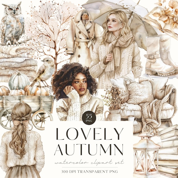 Cozy Autumn Clipart, Fall PNG Graphics, Watercolor Neutral Illustration, Foliage, Cozy Girl, Reading, Pumpkin, Leaf, Commercial Use