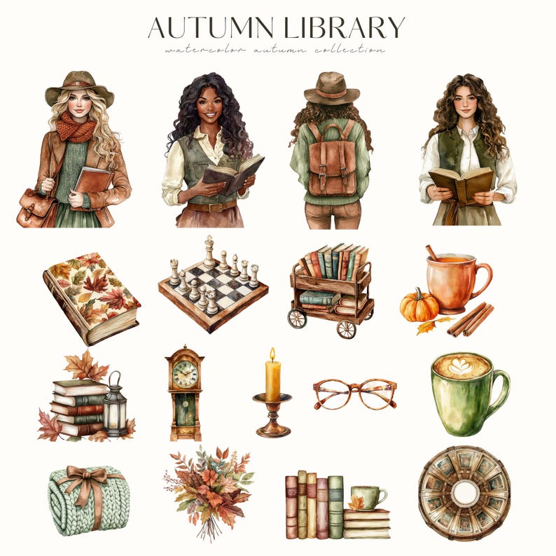 May include: Watercolor illustration titled "AUTUMN LIBRARY" featuring various autumn-themed items. Includes images of people, books, a chess set, a tea cup, a pumpkin, a candle, glasses, a blanket, and a coffee cup.