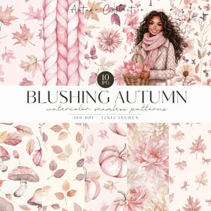 Peut inclure: Collection d'art numérique "Blushing Autumn" avec des motifs sans couture à l'aquarelle. L'image comprend une femme avec un panier de fleurs et divers motifs de feuilles, de citrouilles et de motifs floraux. Les motifs mesurent 30,48 x 30,48 cm à 300 DPI.