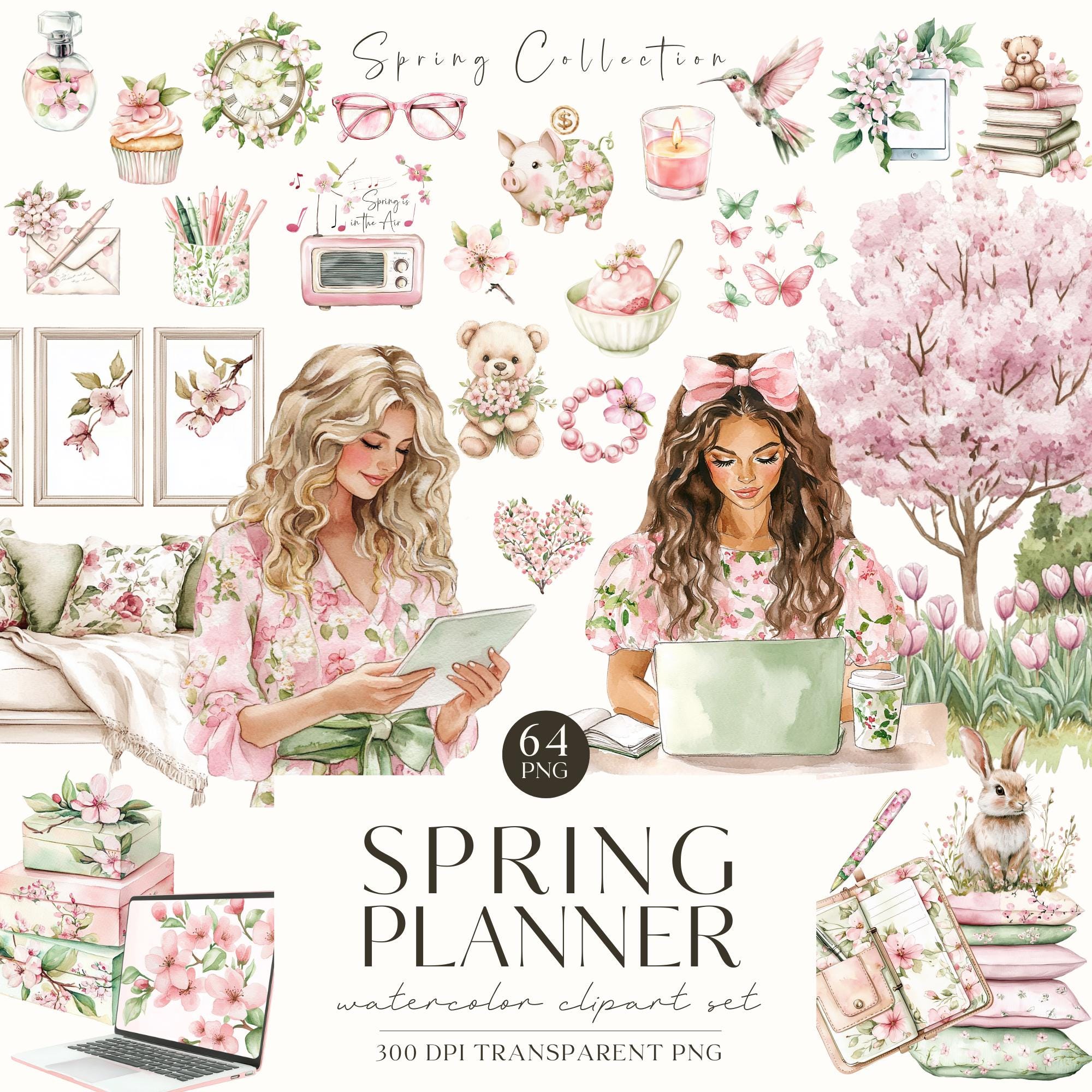 Watercolor Spring Planner Clipart, Book Lover, Floral PNG, Planner Girl, Bookish Spring, Digital Stickers, Scrapbooking, Commercial Use