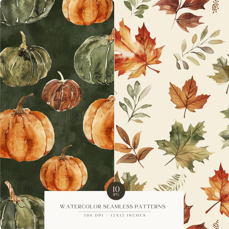 K&ouml;nnte beinhalten: Zwei nahtlose Aquarellmuster mit Herbstbl&auml;ttern und K&uuml;rbissen. Das erste Muster ist ein dunkelgr&uuml;ner Hintergrund mit orangefarbenen, braunen und gr&uuml;nen K&uuml;rbissen. Das zweite Muster ist ein hellcremefarbener Hintergrund mit orangefarbenen, braunen und gr&uuml;nen Bl&auml;ttern. Der Text "WATERCOLOR SEAMLESS PATTERNS" befindet sich am unteren Rand des Bildes.