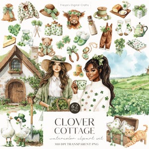 Può includere: Set di clipart ad acquerello intitolato "Clover Cottage" con illustrazioni a tema San Patrizio. Include immagini di un cottage, donne, trifogli, una mucca e altri accessori. Il set contiene 62 immagini PNG con sfondo trasparente.
