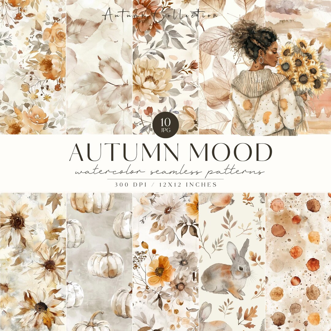 Watercolor Cozy Autumn Rustic Seamless Patterns, Neutral Fall JPG ...