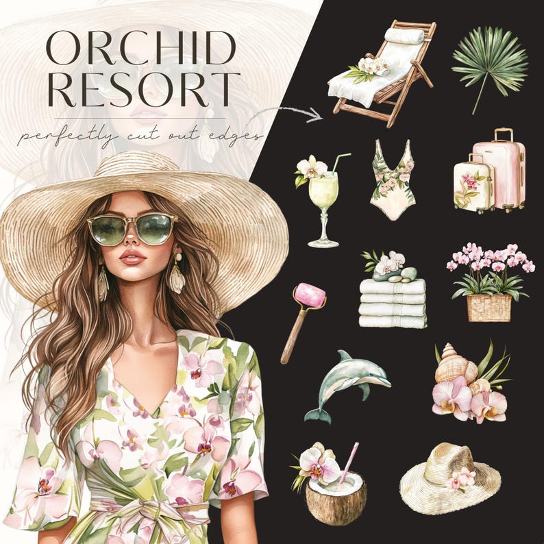 May include: A watercolor illustration of a woman wearing a straw hat and a floral dress. The image also includes various tropical vacation themed elements such as a beach chair, a cocktail, a swimsuit, luggage, orchids, a seashell, a dolphin, a coconut, and a straw hat. The text "ORCHID RESORT" is at the top of the image.
