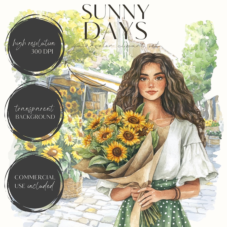May include: A watercolor illustration of a woman with long brown hair holding a bouquet of sunflowers. She is wearing a white shirt and a green polka dot skirt. The background is a watercolor painting of a street scene with buildings and trees.