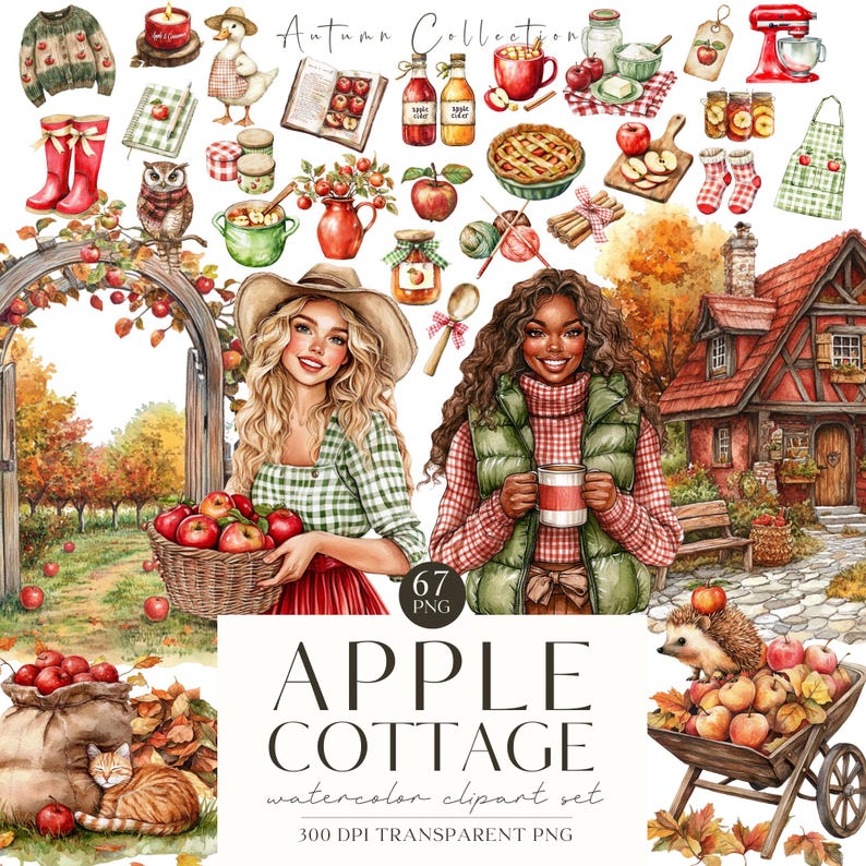 Akvarell mysig höst Clipart, höst PNG, höstvibbar, röd lada, mysig gård, höstäppelskörd, digitala klistermärken, scrapbooking, kommersiell bild 1