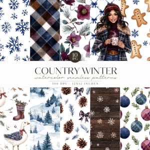 Watercolor Cozy Plaid Winter Seamless Patterns, Cottagecore Winter Backgrounds for Scrapbooking, Commercial Use Fabric Patterns