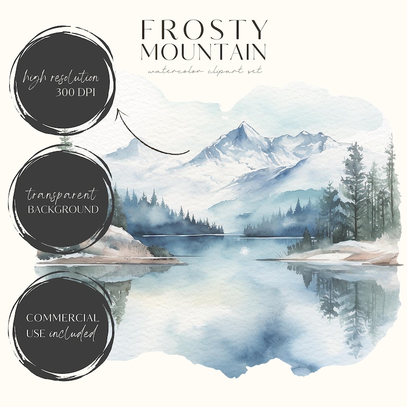Watercolor Winter Mountain Clipart-Mountain Clipart PNG-Peaceful Mountain-Winter Landscape-Bluey Mountain Art-Commercial Use-Scrapbooking image 6