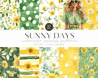 Watercolor Sunflower Floral Seamless Pattern, Cottagecore, Cozy Summertime Background, Repeating, Digital Download, Scrapbook, Commercial
