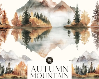 Watercolor Autumn Mountains Clipart, Forest Clipart, Peaceful Fall Mountain, Forest Landscape, Neutral Fall, Woodland,Scrapbook,PNG,Download