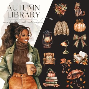 May include: Watercolor illustration with the text "AUTUMN LIBRARY" and a woman holding a coffee cup. The image features fall-themed elements like a pumpkin, books, a cat, a lantern, and a cozy cardigan.