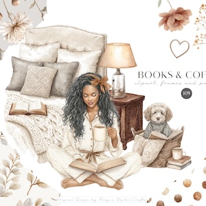 K&ouml;nnte beinhalten: Eine digitale Illustration einer Person mit langem, dunklem, lockigem Haar in cremefarbenem Schlafanzug, die auf dem Boden sitzt, ein Buch liest und eine Tasse h&auml;lt. Daneben sind ein Bett, ein Nachttisch mit Lampe, ein kleiner Hund im Korb und florale Akzente. Der Text lautet BOOKS & COFFEE clipart, frames and patterns.