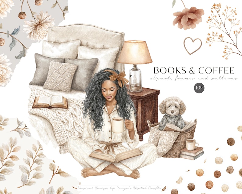 K&ouml;nnte beinhalten: Eine digitale Illustration einer Person mit langem, dunklem, lockigem Haar in cremefarbenem Schlafanzug, die auf dem Boden sitzt, ein Buch liest und eine Tasse h&auml;lt. Daneben sind ein Bett, ein Nachttisch mit Lampe, ein kleiner Hund im Korb und florale Akzente. Der Text lautet BOOKS & COFFEE clipart, frames and patterns.