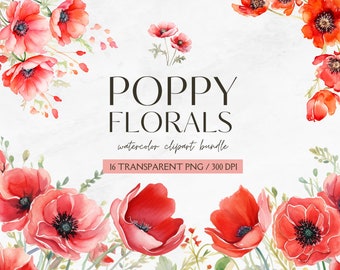 Watercolor Poppy Floral Clipart-Red Poppies PNG-Wild Florals- Wild Meadow-Poppy Bouquets-Floral Border and Bouquet-Commercial Use Clipart