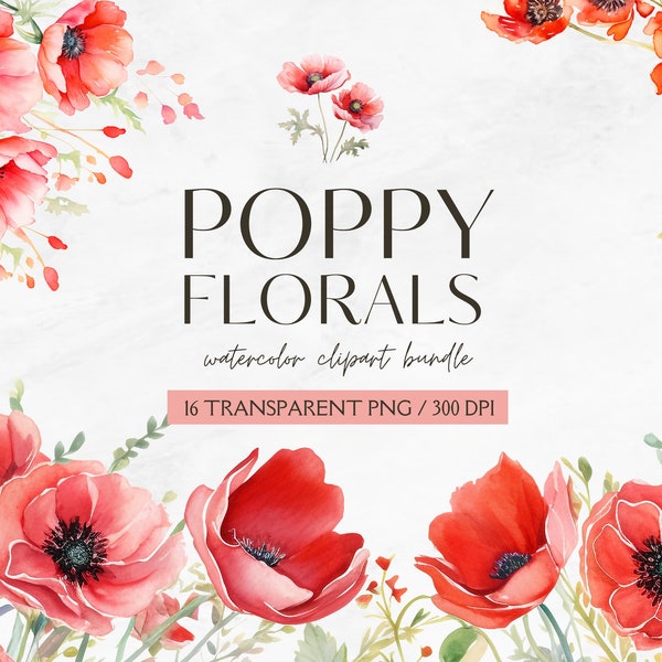 Watercolor Poppy Floral Clipart-Red Poppies PNG-Wild Florals- Wild Meadow-Poppy Bouquets-Floral Border and Bouquet-Commercial Use Clipart