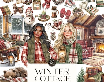 Watercolor Cozy Winter Clipart Bundle, Cottagecore Winter PNG Illustrations, Digital Download and Commercial Use