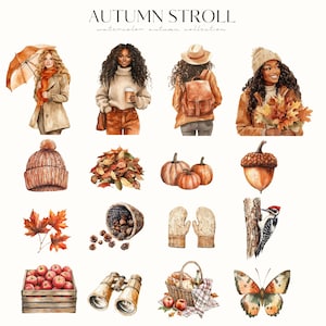 May include: Watercolor illustration titled "Autumn Stroll" featuring various fall-themed elements. Includes images of people, pumpkins, leaves, acorns, a basket of apples, binoculars, and a butterfly. The color palette is dominated by warm autumn tones.