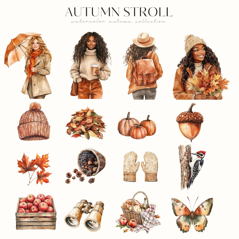 May include: Watercolor illustration titled "Autumn Stroll" featuring various fall-themed elements. Includes images of people, pumpkins, leaves, acorns, a basket of apples, binoculars, and a butterfly. The color palette is dominated by warm autumn tones.